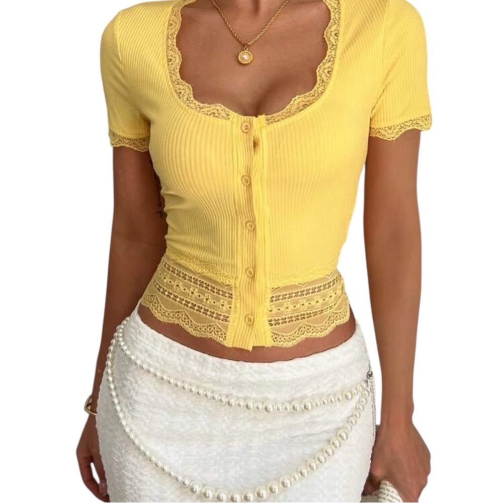 Yellow Lace-Trim Ribbed Crop Top - Picture 7 of 8